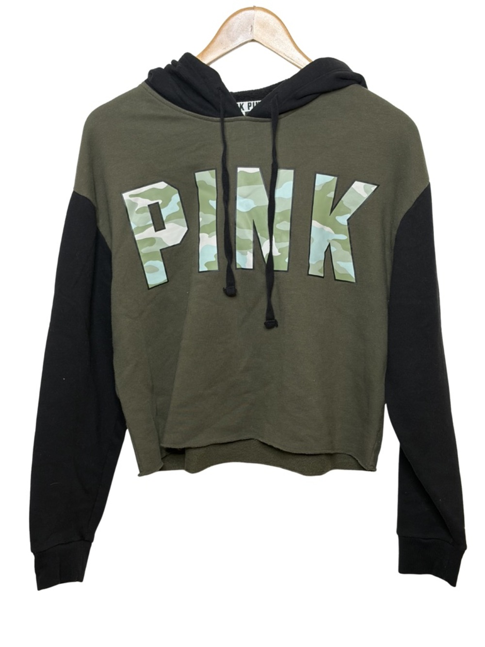 PINK Victoria’s Secret Cropped Hoodie Medium Olive Green Camo Logo Black Sleeves